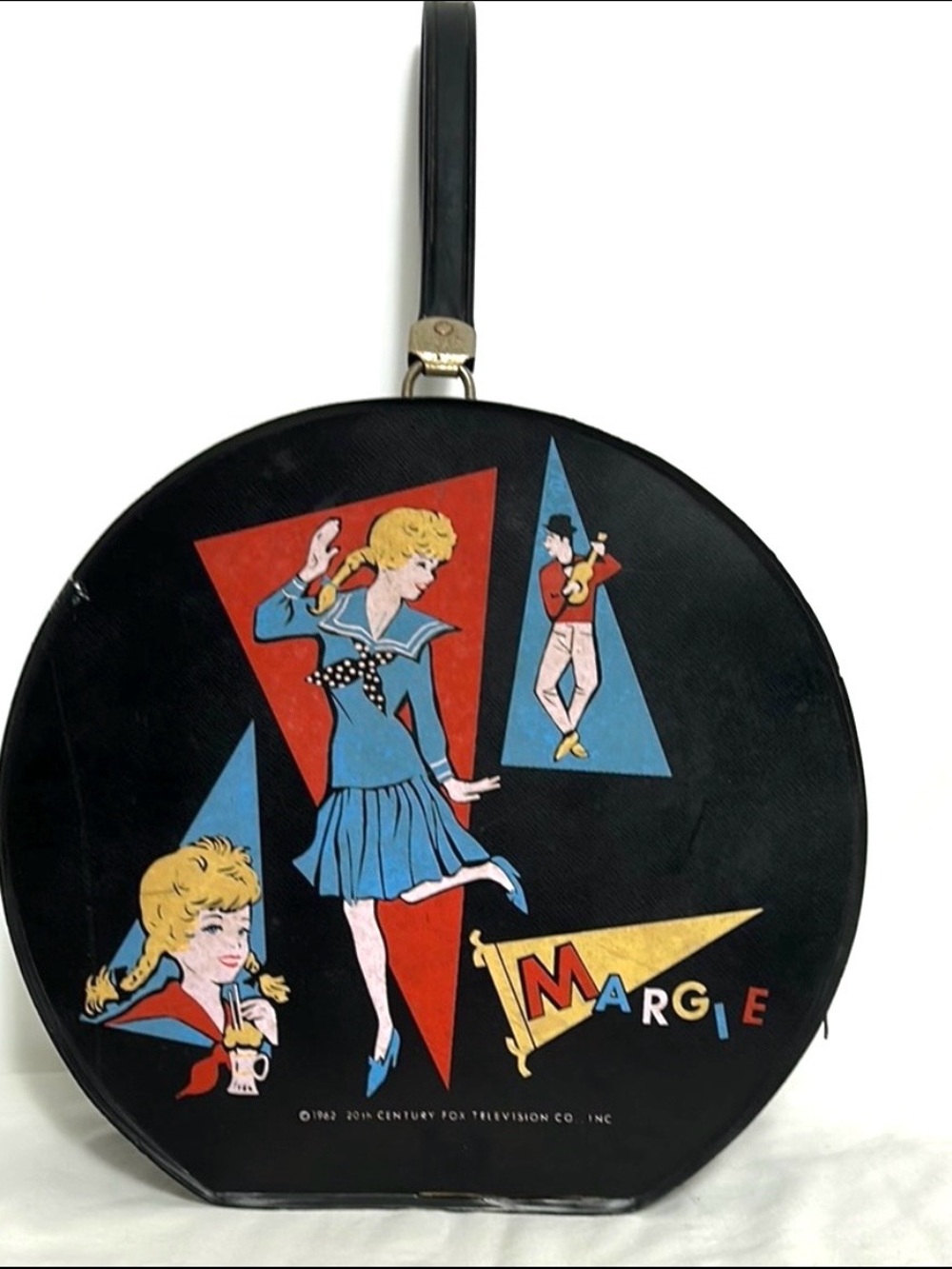 1962 Margie Black Round Hardcover Handbag Zipper Closure Vintage 20th Century TV